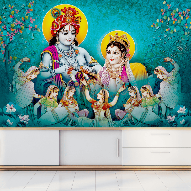 DecorGlance Wallpaper Radha Krishna Enjoying Gopis Dance Digitally Printed Wallpaper