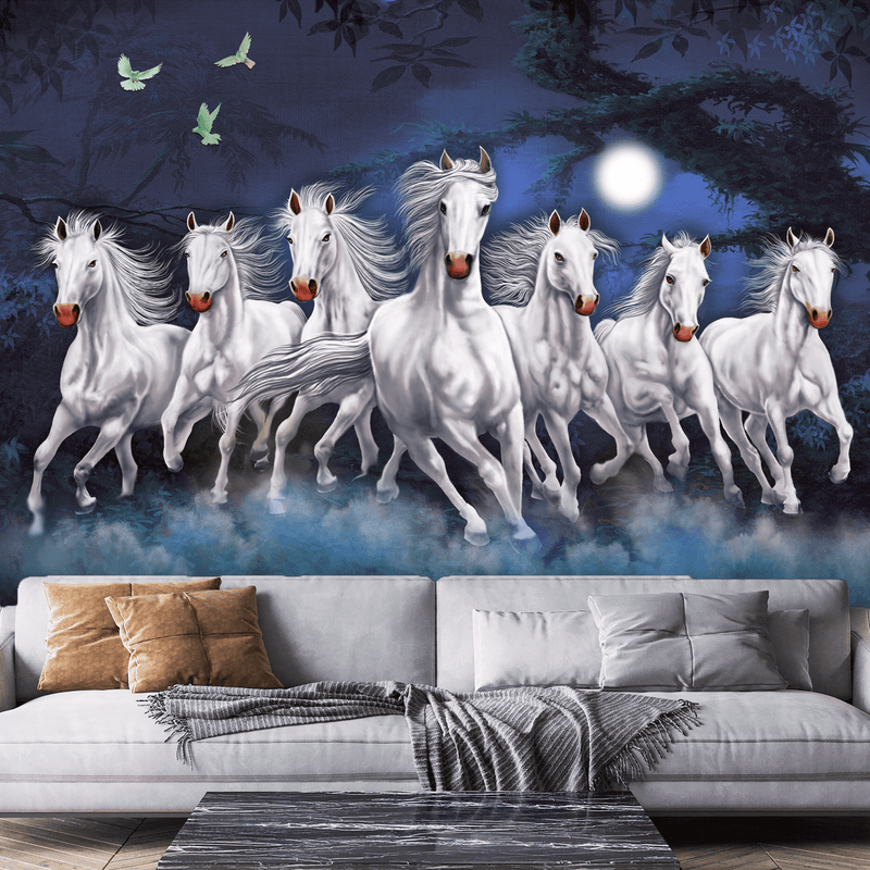DecorGlance Wallpaper Seven Horses Running At Night Digitally Printed Wallpaper