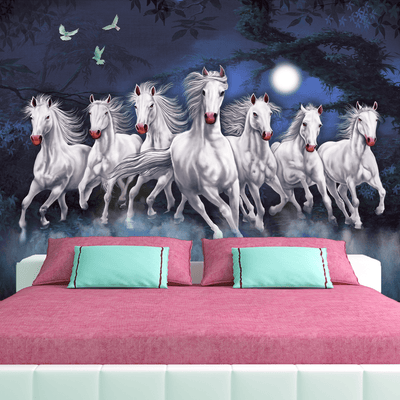 DecorGlance Wallpaper Seven Horses Running At Night Digitally Printed Wallpaper