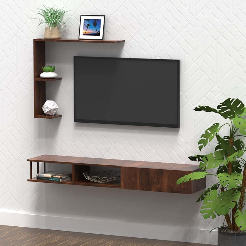 DecorGlance Walnut Wooden Tv Unit Cabinet with Shelves