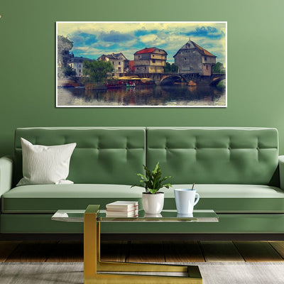 DecorGlance Water Color House Scenery Canvas Floating Frame Wall Painting