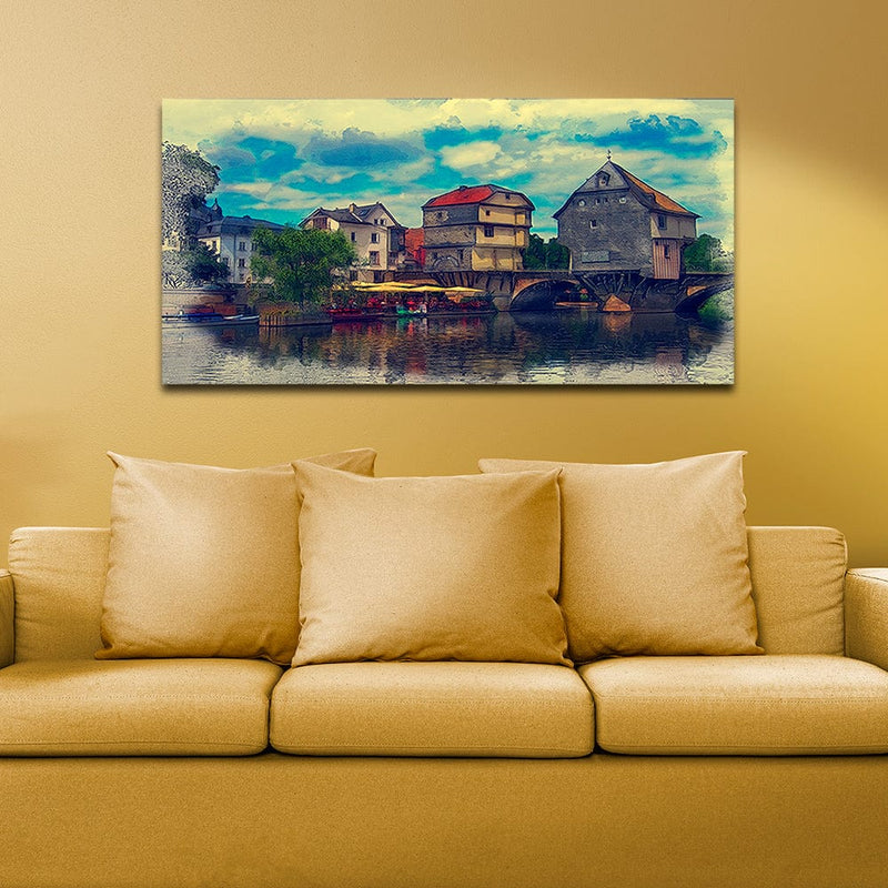 DecorGlance Water Color House Scenery Canvas Wall Painting