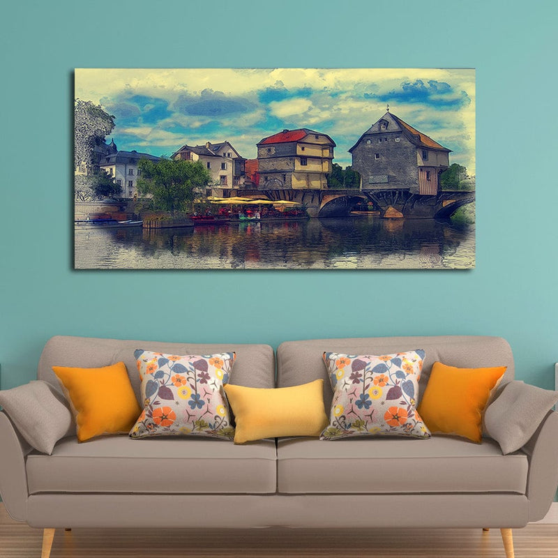 DecorGlance Water Color House Scenery Canvas Wall Painting