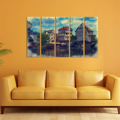 DecorGlance Water Color House Scenery Canvas Wall Painting - With 5 Panel