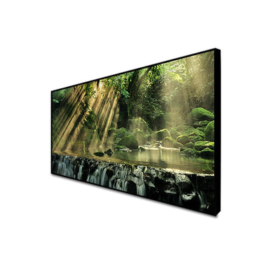 DecorGlance CANVAS PRINT BLACK FLOATING FRAME / (48x24) Inch / (121x60) Cm Waterfall in Forest View Canvas Floating Frame Wall Painting