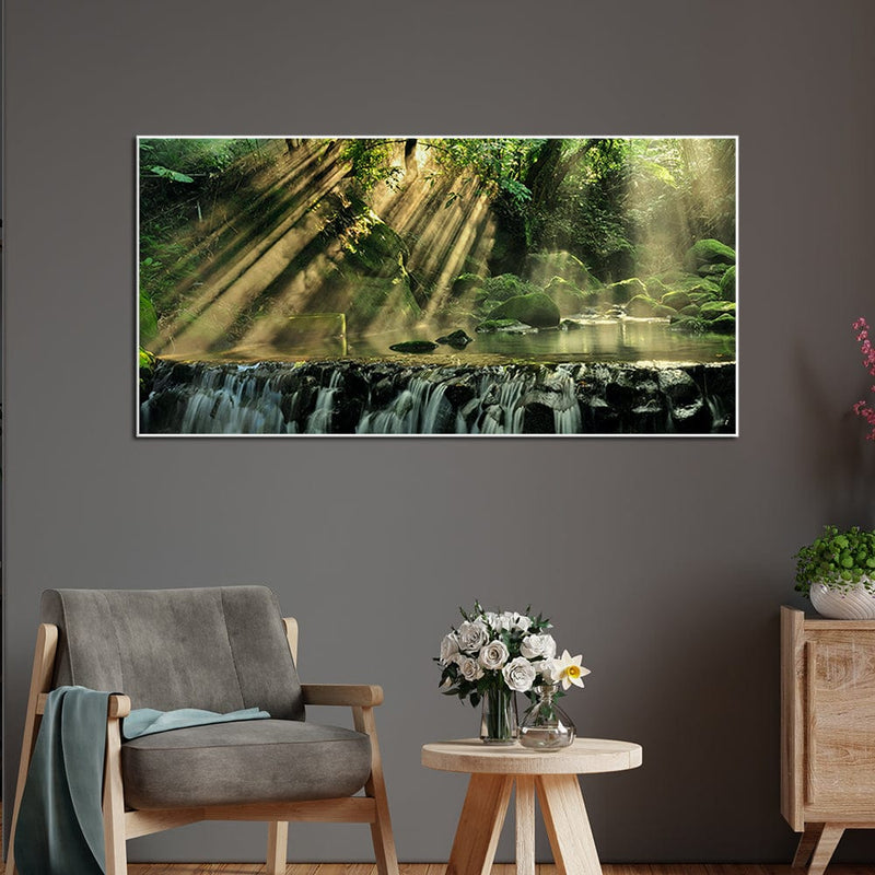DecorGlance Waterfall in Forest View Canvas Floating Frame Wall Painting