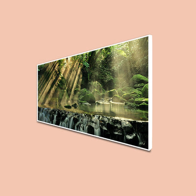 DecorGlance CANVAS PRINT WHITE FLOATING FRAME / (48x24) Inch / (121x60) Cm Waterfall in Forest View Canvas Floating Frame Wall Painting