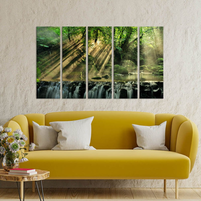 DecorGlance Waterfall in Forest View Canvas Wall Painting - With 5 Panel