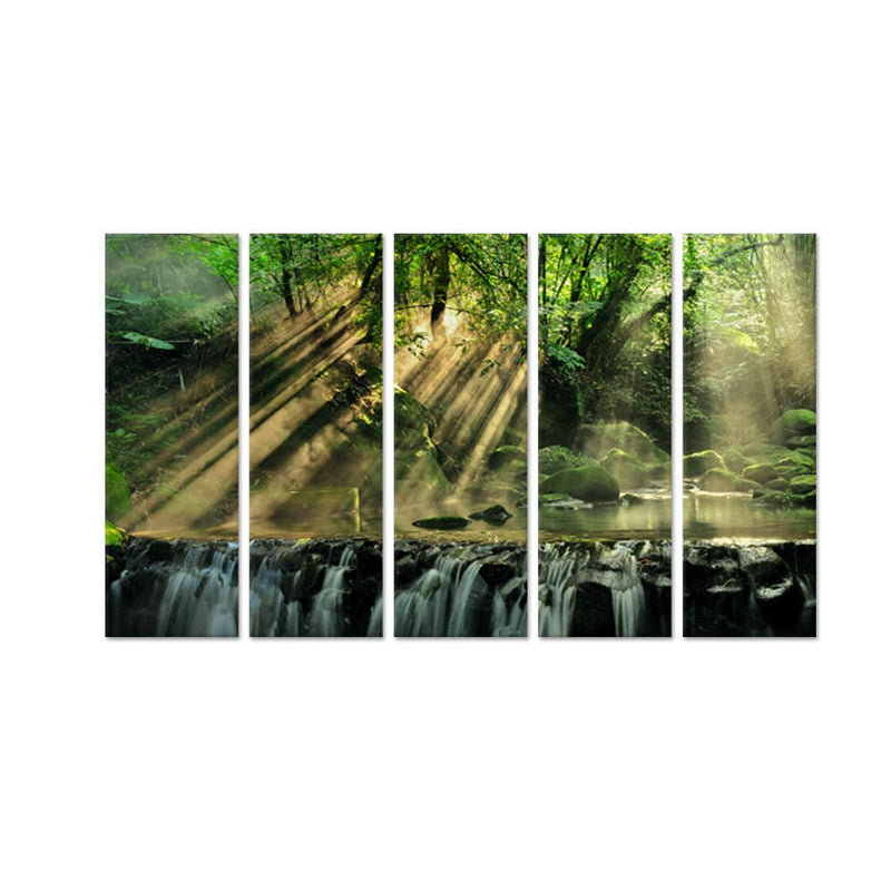 DecorGlance Waterfall in Forest View Canvas Wall Painting - With 5 Panel