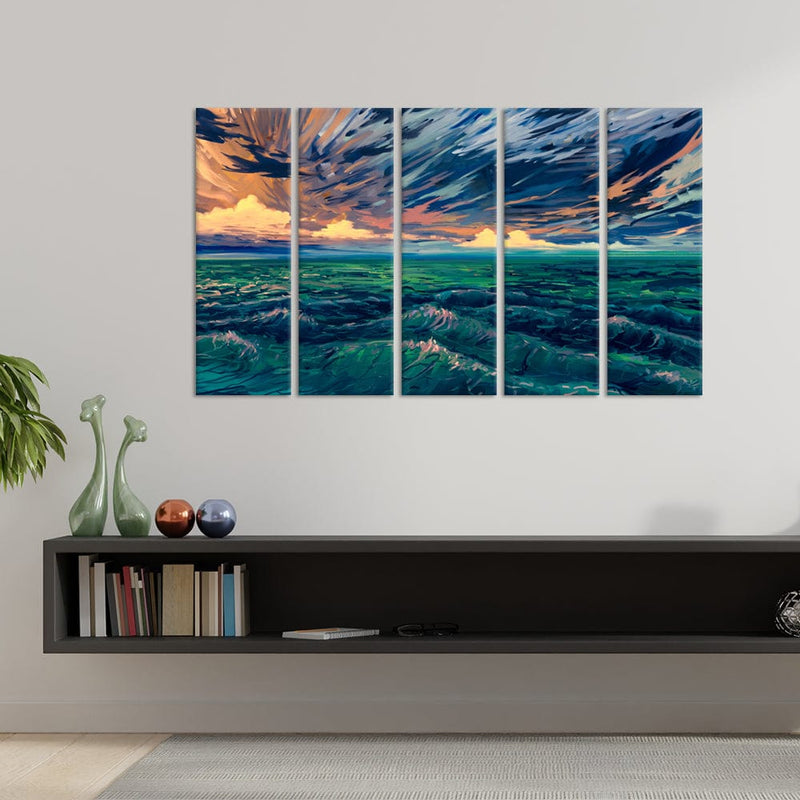 DecorGlance Wave Scenery Canvas Wall Painting - With 5 Panel