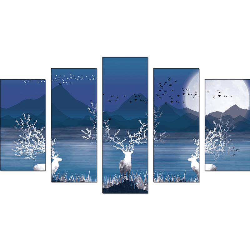 DECORGLANCE White Deer In Night Canvas Wall Painting- With 5 Frames
