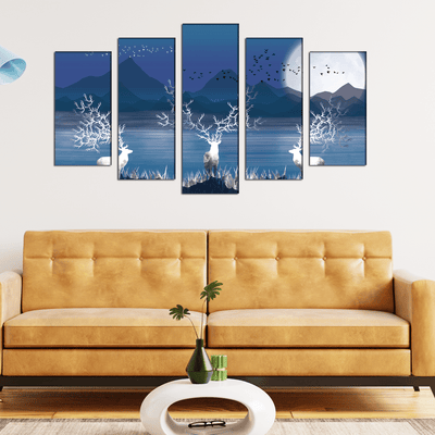 DECORGLANCE White Deer In Night Canvas Wall Painting- With 5 Frames