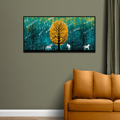 DecorGlance White Deer With Yellow Tree Abstract Canvas Floating Frame Wall  Painting