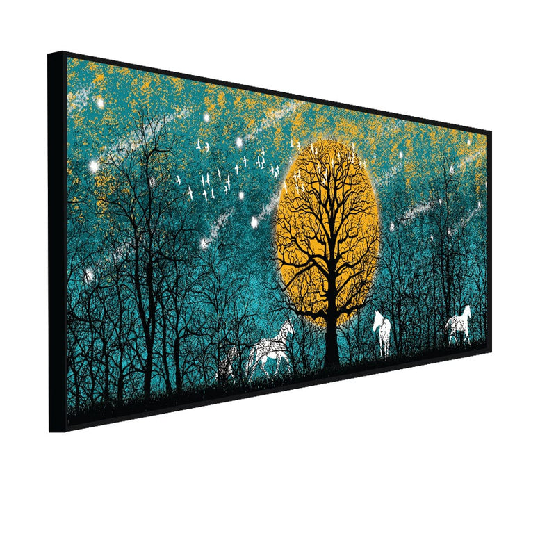 DecorGlance CANVAS PRINT BLACK FLOATING FRAME / (48x24) Inch / (121x60) Cm White Deer With Yellow Tree Abstract Canvas Floating Frame Wall  Painting