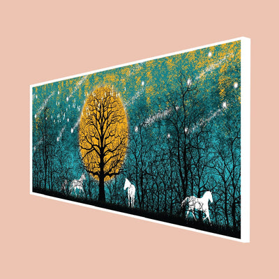 DecorGlance CANVAS PRINT WHITE FLOATING FRAME / (48x24) Inch / (121x60) Cm White Deer With Yellow Tree Abstract Canvas Floating Frame Wall  Painting
