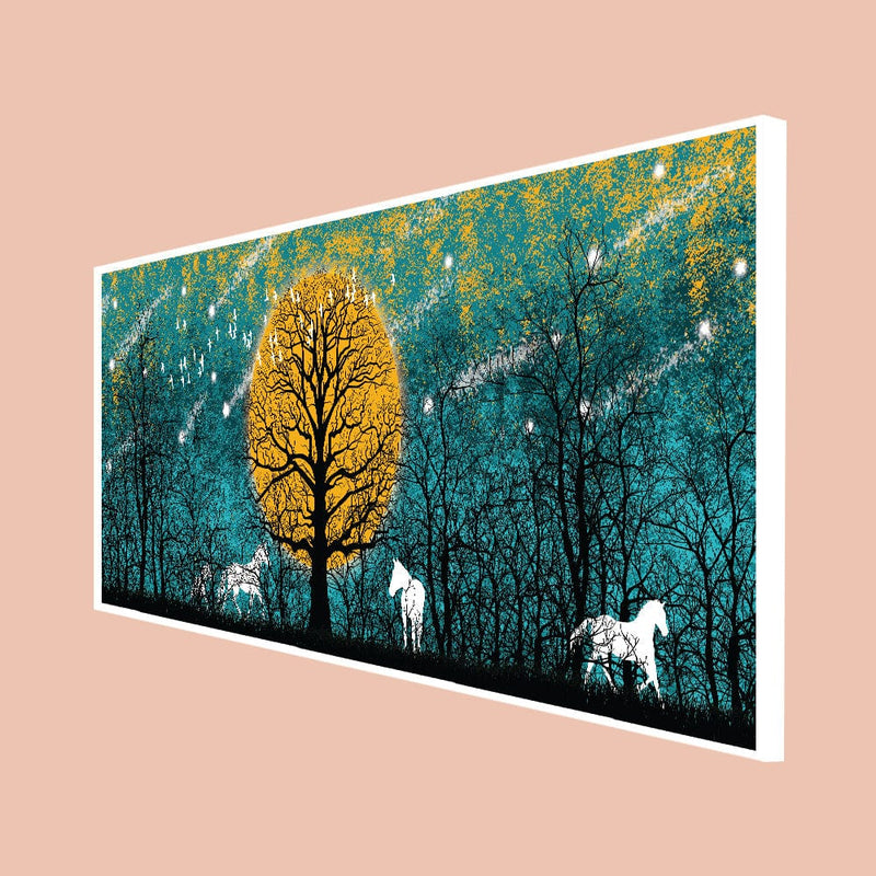 DecorGlance CANVAS PRINT WHITE FLOATING FRAME / (48x24) Inch / (121x60) Cm White Deer With Yellow Tree Abstract Canvas Floating Frame Wall  Painting