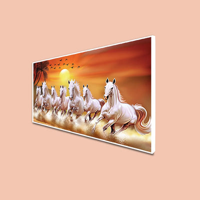DecorGlance CANVAS PRINT WHITE FLOATING FRAME / (48x24) Inch / (121x60) Cm White Horses Running In Time Of Sunset Canvas Floating Frame Wall Painting