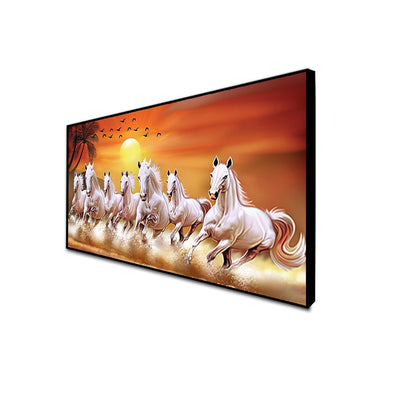 DecorGlance CANVAS PRINT BLACK FLOATING FRAME / (48x24) Inch / (121x60) Cm White Horses Running In Time Of Sunset Canvas Floating Frame Wall Painting