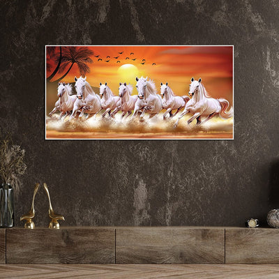 DecorGlance White Horses Running In Time Of Sunset Canvas Floating Frame Wall Painting