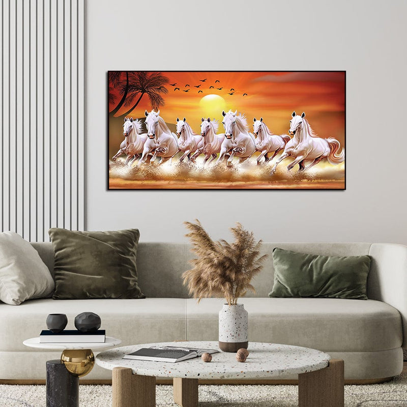 DecorGlance White Horses Running In Time Of Sunset Canvas Floating Frame Wall Painting