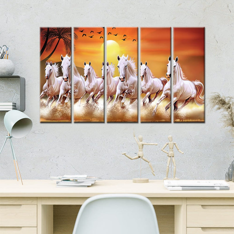 decorglance Panel Painting White Horses Running In Time Of Sunset Canvas Wall Painting- With 5 Frames