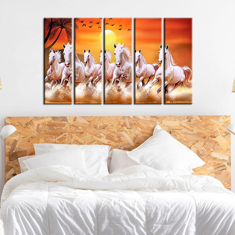 decorglance Panel Painting White Horses Running In Time Of Sunset Canvas Wall Painting- With 5 Frames