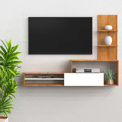 DecorGlance White & Oak Finish Wooden Tv Unit With Cabinet