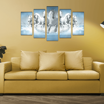 DECORGLANCE White Seven Horse Canvas Wall Painting- With 5 Frames