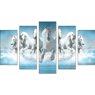 DECORGLANCE White Seven Horse Canvas Wall Painting- With 5 Frames