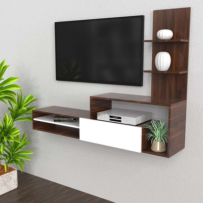 DecorGlance White & Walnut Finish Wooden Tv Unit With Cabinet