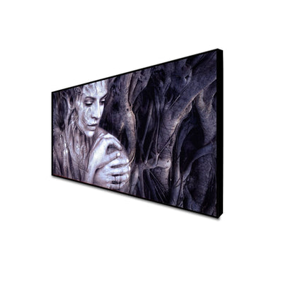 DecorGlance CANVAS PRINT BLACK FLOATING FRAME / (48x24) Inch / (121x60) Cm Women With Tree Fantasy Canvas Floating Frame Wall Painting