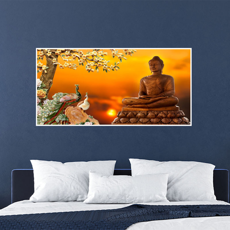 Buddha With Birds Canvas Floating Frame Wall Painting