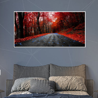 Laeacco Forest Trees Red Leaves Road Canvas Floating Wall Painting