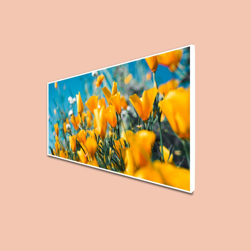 DecorGlance CANVAS PRINT WHITE FLOATING FRAME / (48x24) Inch / (121x60) Cm Yellow Flowers Canvas Floating Frame Wall Painting